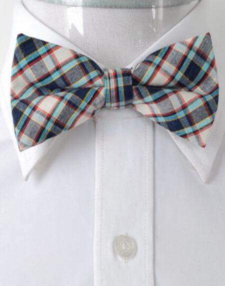 Men's Beige Turquoise Blue Nova Plaid Silk Pre-Tied Bow Tie - Amedeo Exclusive