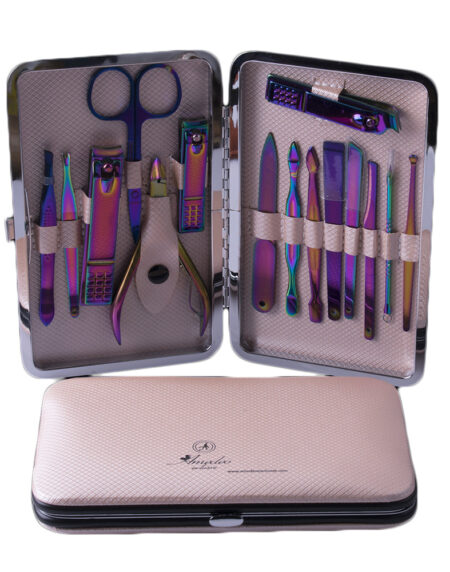 Unisex Stainless Steel 15 Piece Sets Metallic Pink Manicure & Pedicure Set - Amedeo Exclusive