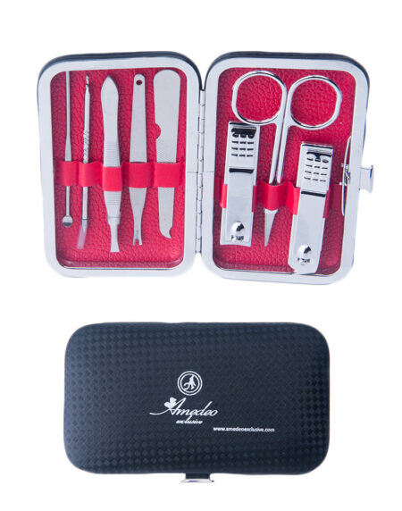Unisex Silver Stainless Steel Red 8 Piece Manicure Pedicure Set - Amedeo Exclusive