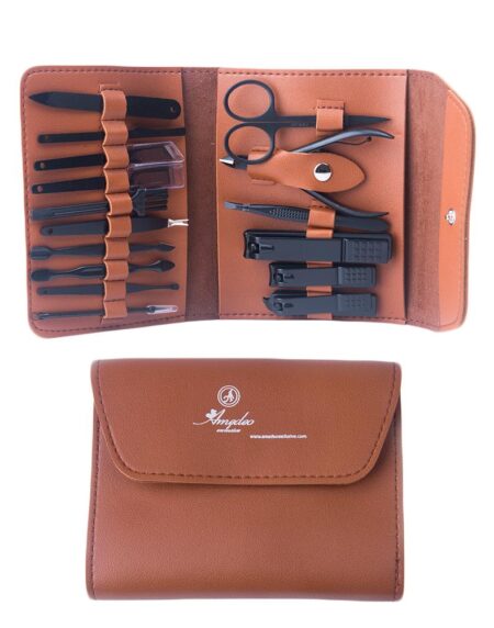 Unisex Black Chrome Brown Suede 16 Piece Manicure Pedicure Set - Amedeo Exclusive