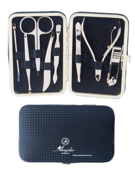 Unisex Silver Stainless Gold Plating Black Leather 8 Piece Manicure Pedicure Set - Amedeo Exclusive