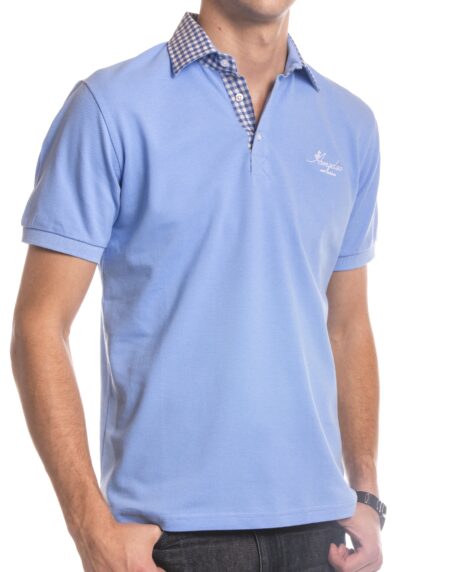 Light Blue Checkered Mens Slim Fit Polo Shirts - 100% Soft Cotton - Tailored Comfortable Fit - Amedeo Exclusive