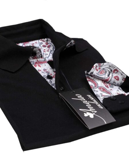 Black Paisley Mens Slim Fit Polo Shirts - 100% Soft Cotton - Tailored Comfortable Fit - Amedeo Exclusive