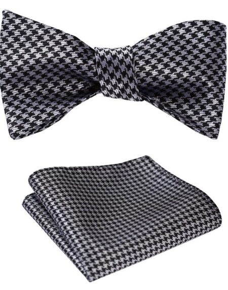 Black With Silver Check Mens Silk Self tie Bow Tie with Pocket Squares Set - Amedeo Exclusive