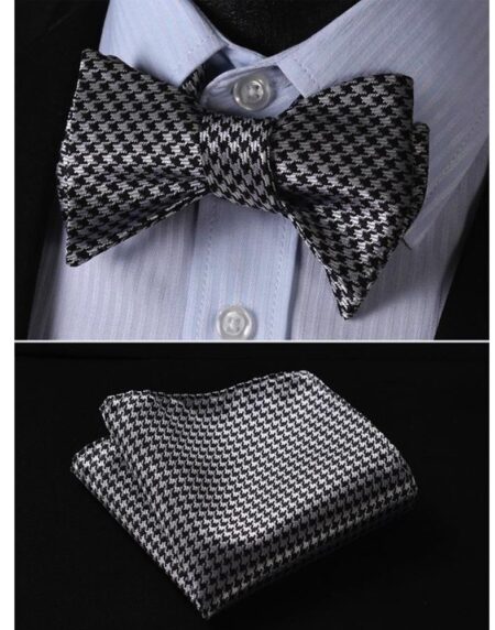 Black With Silver Check Mens Silk Self tie Bow Tie with Pocket Squares Set - Amedeo Exclusive