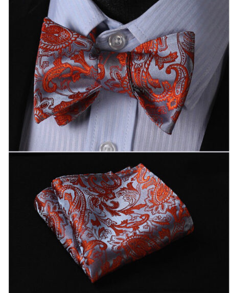 Red Brown Paisley Mens Silk Self tie Bow Tie with Pocket Squares Set - Amedeo Exclusive