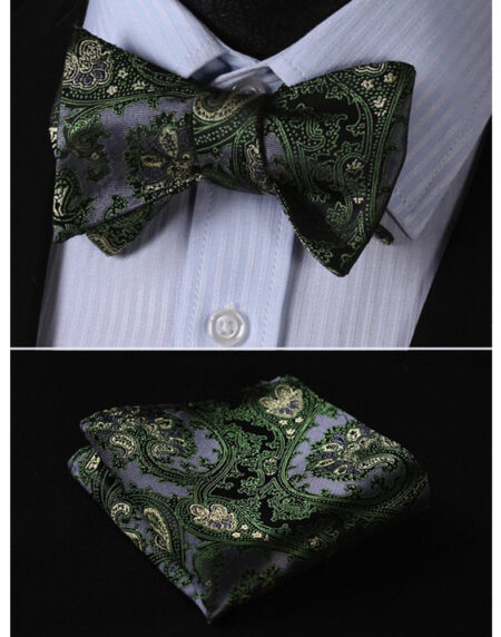 Green Textured Mens Silk Self tie Bow Tie with Pocket Squares Set - Amedeo Exclusive