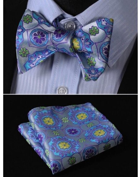 Men's Blue and Yellow Floral Silk Self Tie Bow Tie with Pocket Handkerchief - Amedeo Exclusive