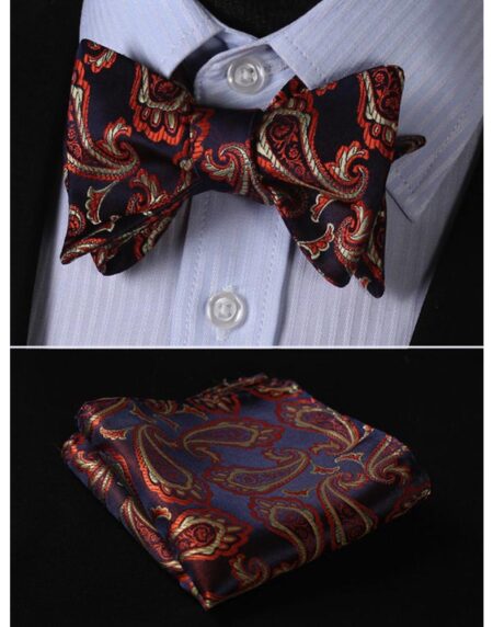 Black & Orange Paisley Mens Silk Self tie Bow Tie with Pocket Squares Set - Amedeo Exclusive