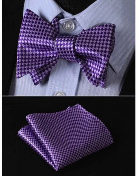 Metallic Purple Mens Silk Self tie Bow Tie with Pocket Squares Set - Amedeo Exclusive