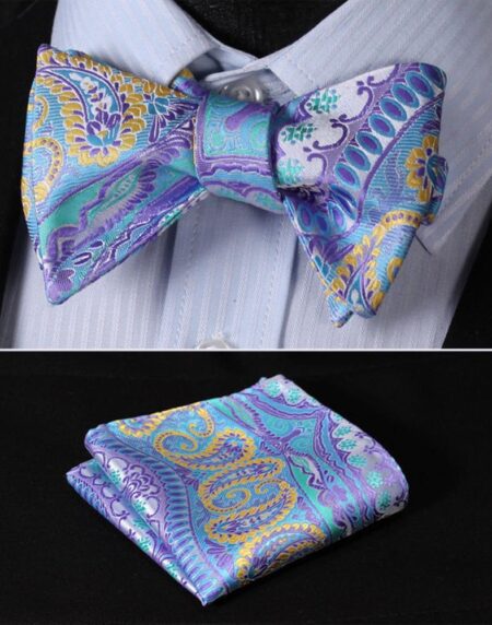Men's Blue & Yellow Paisley Self Bow Tie & Pocket Handkerchief - Amedeo Exclusive
