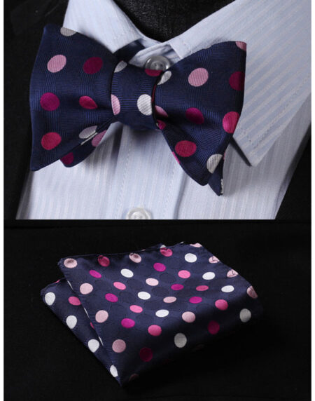 Men's Silk Pink Navy Blue Polka Dot Self Bow Tie Matching Handkerchief - Amedeo Exclusive