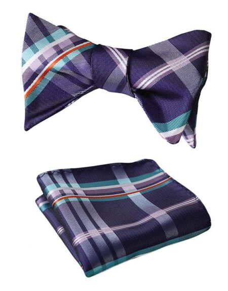 Men's Purple Aqua Orange Check Bow Tie & Pocket Handkerchief - Identical 54 - Amedeo Exclusive