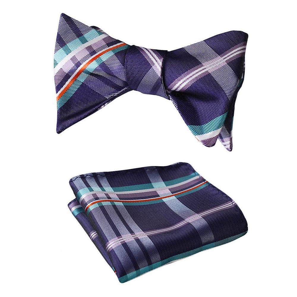 Men's Purple Aqua Orange Check Bow Tie & Pocket Handkerchief - Identical 11 - Amedeo Exclusive
