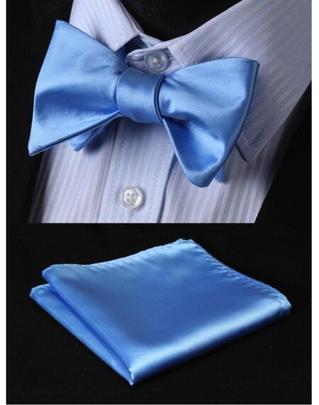 Baby Blue Mens Silk Self tie Bow Tie with Pocket Squares Set - Amedeo Exclusive