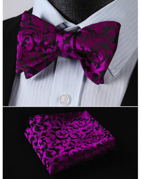 Men's Hot Purple Black Floral Silk Self Bow Tie With Handkerchief - Amedeo Exclusive