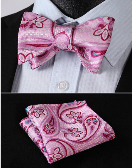Men's Pink Blue Paisley Silk Self Bow Tie Handkerchief - Amedeo Exclusive
