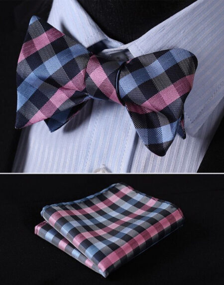 Pink Blue Mens Silk Self tie Bow Tie with Pocket Squares Set - Amedeo Exclusive