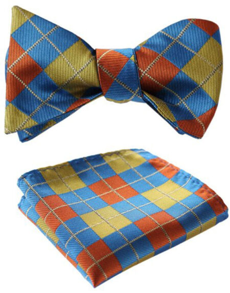 Men's Olive Orange Blue Check Silk Self Bow Tie With Handkerchief - Amedeo Exclusive