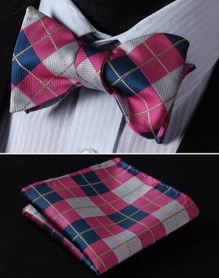 Men's Pink Gray Check Silk Self Bow Tie & Handkerchief - Amedeo Exclusive