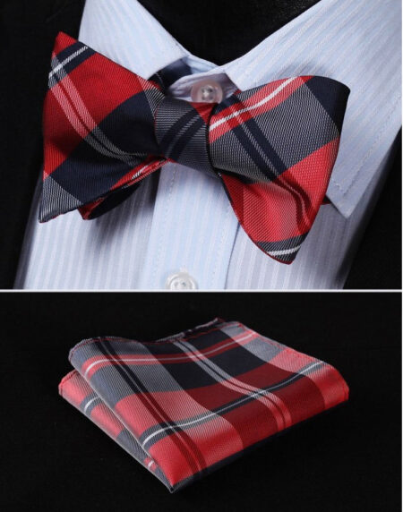 Men's Red Navy Blue Check Silk Self Bow Tie & Handkerchief - Amedeo Exclusive
