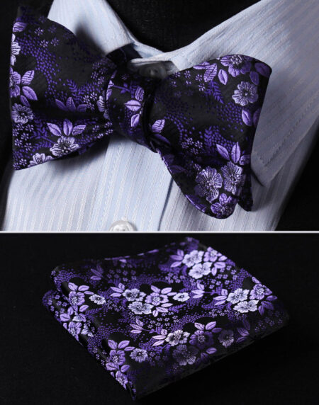 Men's Purple Floral Silk Self Bow Tie & Handkerchief - Amedeo Exclusive