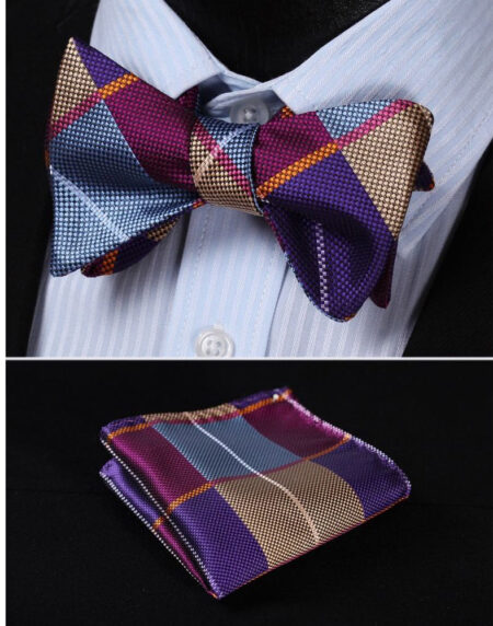 Multicolor Check Mens Silk Self tie Bow Tie with Pocket Squares Set - Amedeo Exclusive