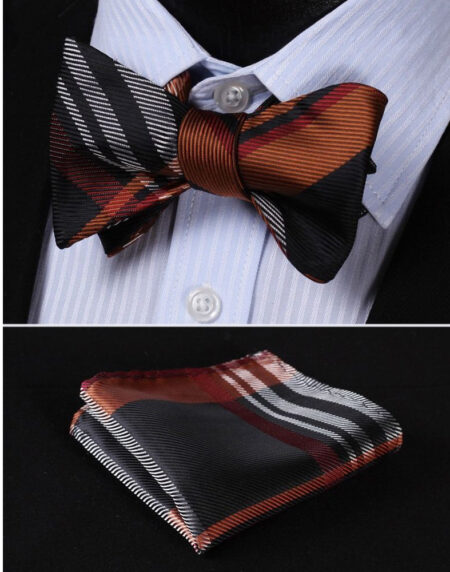 Orange Black Mens Silk Self tie Bow Tie with Pocket Squares Set - Amedeo Exclusive