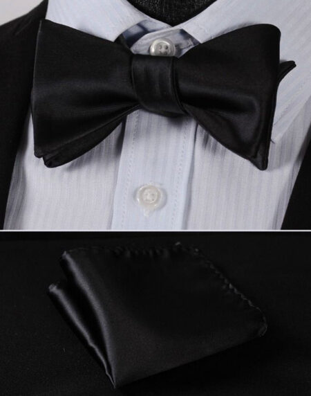 Pure Black Solid Mens Silk Self tie Bow Tie with Pocket Squares Set - Amedeo Exclusive