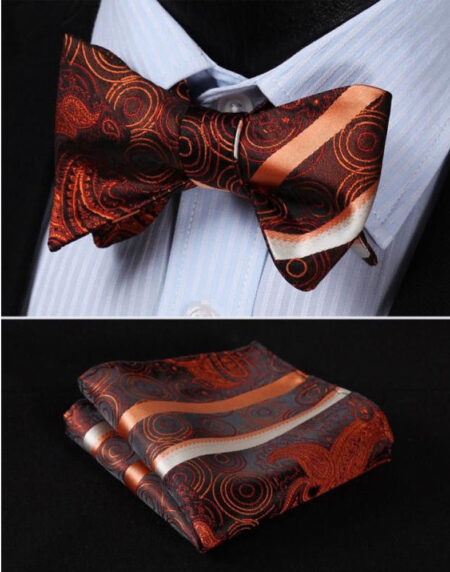 Men's Silk Orange Paisley Stripe Self  Bow Tie Pocket Handkerchief - Amedeo Exclusive