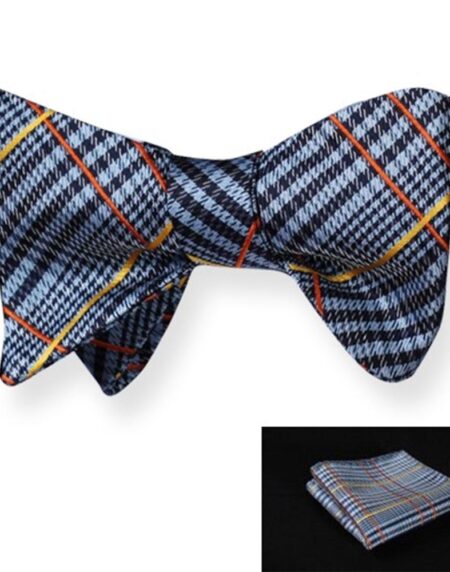 Blue Orange Mens Silk Self tie Bow Tie with Pocket Squares Set - Amedeo Exclusive