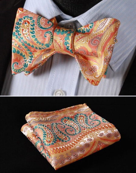 Orage Green Paisley Mens Silk Self tie Bow Tie with Pocket Squares Set - Amedeo Exclusive