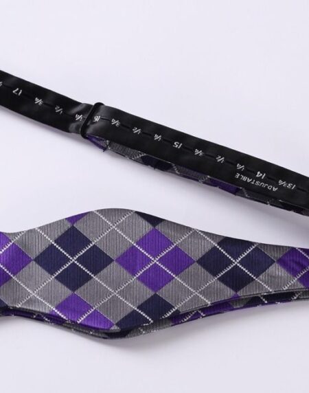 Purple Navy Blue Check Mens Silk Self tie Bow Tie with Pocket Squares Set - Amedeo Exclusive