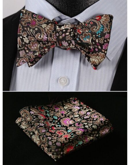 Men's Silk Brown Pink Floral Self Bow Tie Handkerchief - Amedeo Exclusive