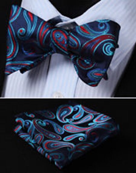 Blue Red Paisley Mens Silk Self tie Bow Tie with Pocket Squares Set - Amedeo Exclusive