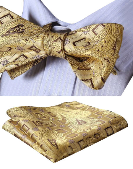Gold Black Paisley Mens Silk Self tie Bow Tie with Pocket Squares Set - Amedeo Exclusive