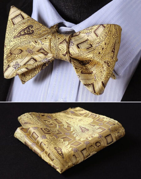 Gold Black Paisley Mens Silk Self tie Bow Tie with Pocket Squares Set - Amedeo Exclusive
