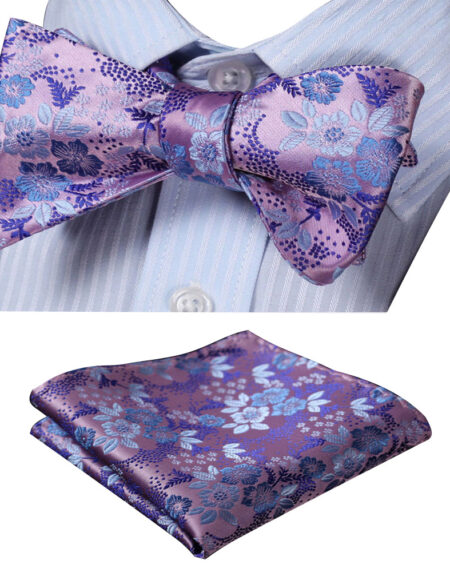 Men's Silk Light Purple Floral Self Bow Tie Handkerchief - Amedeo Exclusive