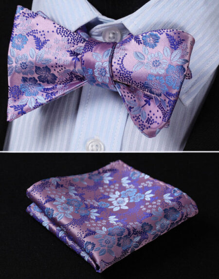 Men's Silk Light Purple Floral Self Bow Tie Handkerchief - Amedeo Exclusive