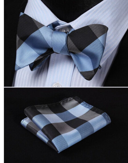 Men's Navy Blue Silk Self Bow Tie Matching Handkerchief - Amedeo Exclusive