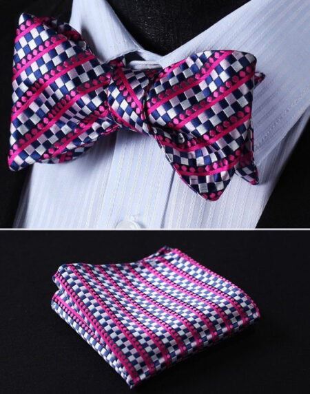 Pink Blue Mens Silk Self tie Bow Tie with Pocket Squares Set - Amedeo Exclusive