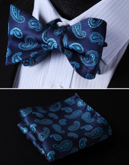 Navy Turqoise Paisley Mens Silk Self tie Bow Tie with Pocket Squares Set - Amedeo Exclusive