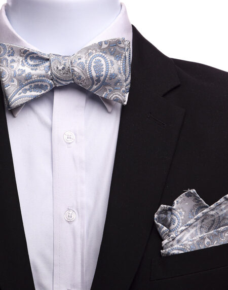 Men's Grey White Blue Paisley Silk Self Bow Tie & Handkerchief - Amedeo Exclusive