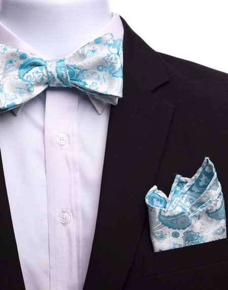 Men's Silk White Blue Paisley Self Bow Tie - Amedeo Exclusive