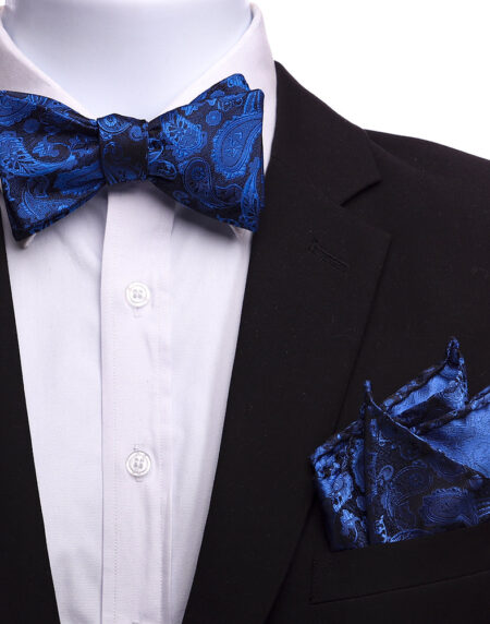 Men's Silk Blue Black Self Bow Tie with Handkerchief - Amedeo Exclusive