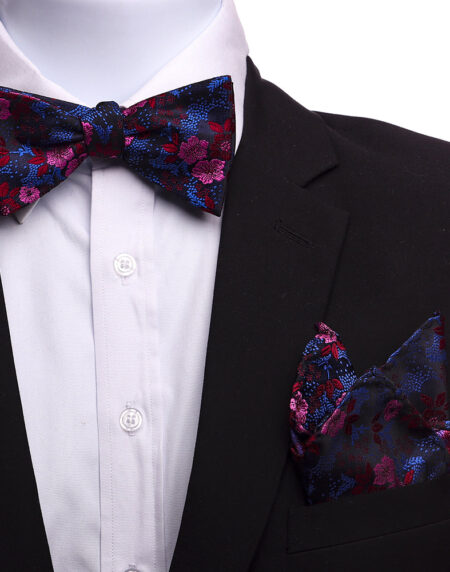 Men's Silk Red Pink Blue Self Bow Tie with Handkerchief - Amedeo Exclusive
