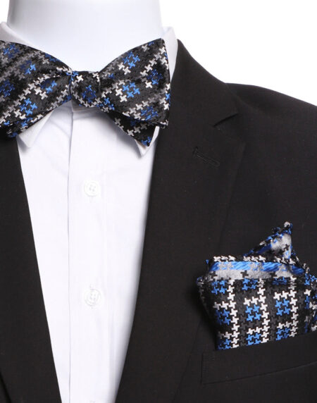 Men's Silk Black White Blue Self Bow Tie - Amedeo Exclusive