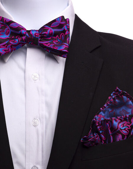 Men's Silk Pink Blue Self Bow Tie with Handkerchief - Amedeo Exclusive