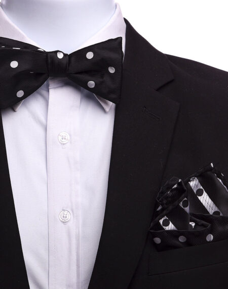 Men's Black Polka Dots Self Bow Tie with Handkerchief - Amedeo Exclusive