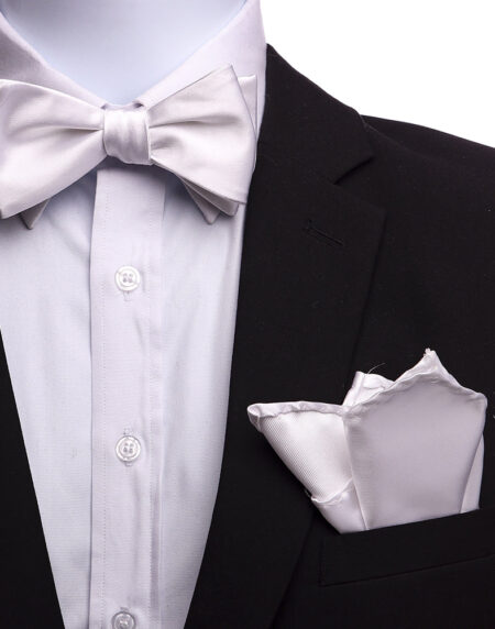 Men's White Self Bow Tie with Handkerchief - Amedeo Exclusive
